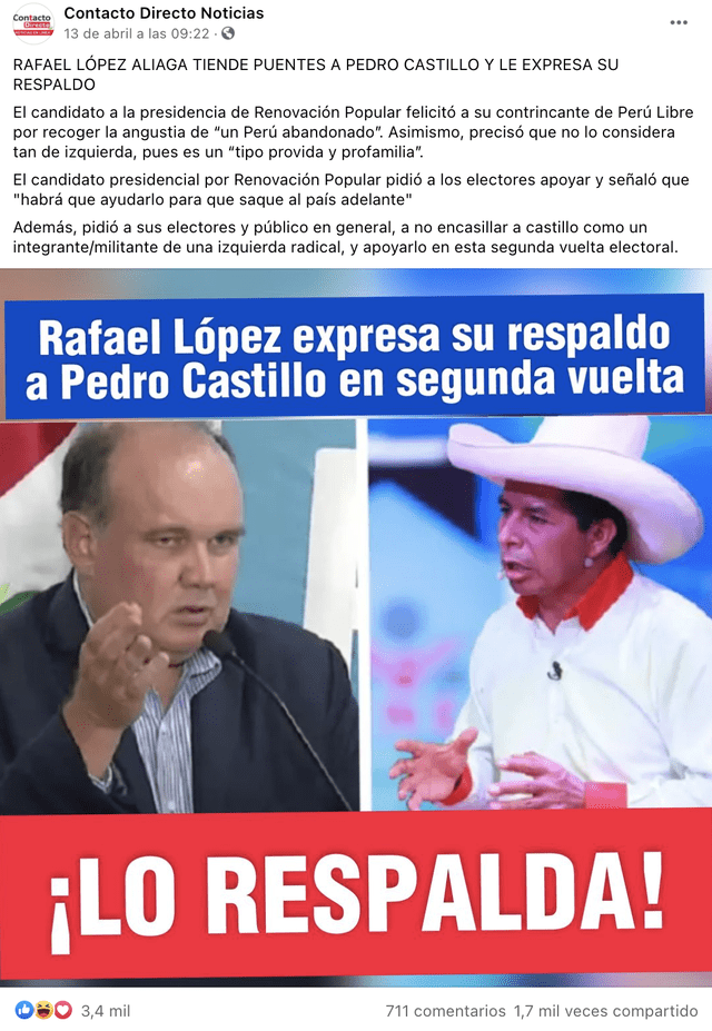 Publicación afirma que Rafael López Aliaga respalda la candidatura de Pedro Castillo. Foto: captura en Facebook