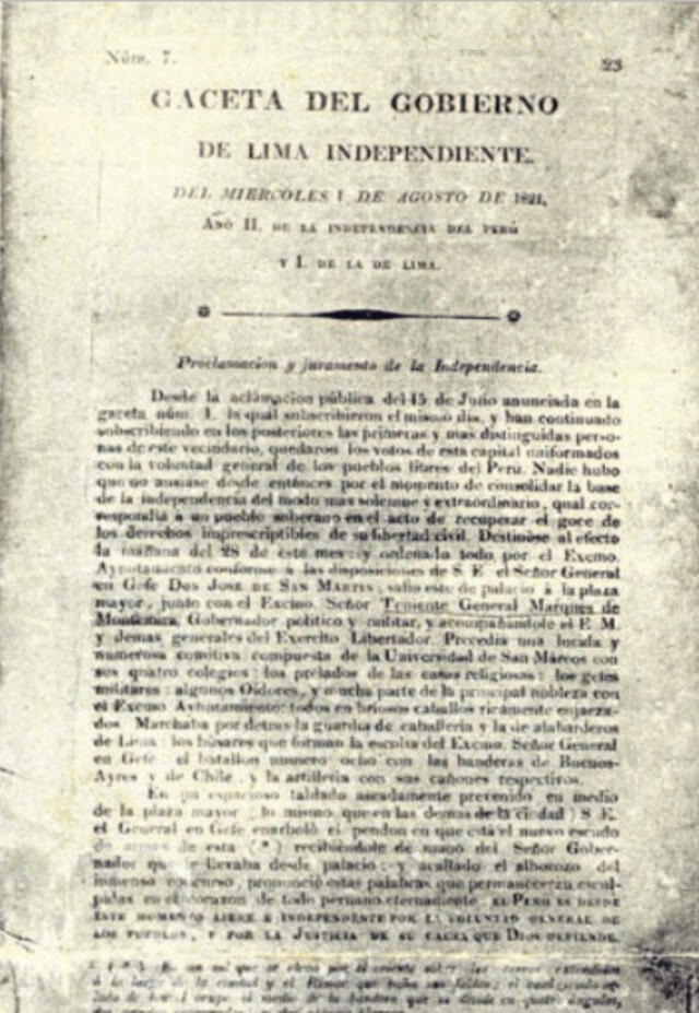 DIVULGA. Gaceta del Gobierno de Lima del 30 de julio de 1821 anuncia la independencia del Perú
