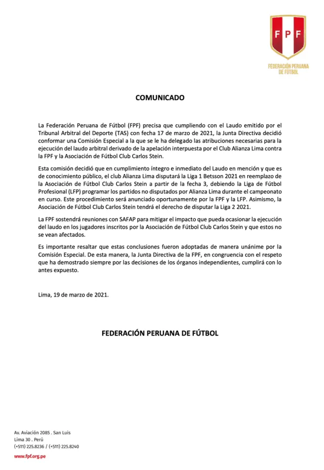 Comunicado oficial de la FPF sobre el TAS. Alianza Lima permanece en la Liga 1 y Carlos Stein baja a Liga 2. Foto: FPF