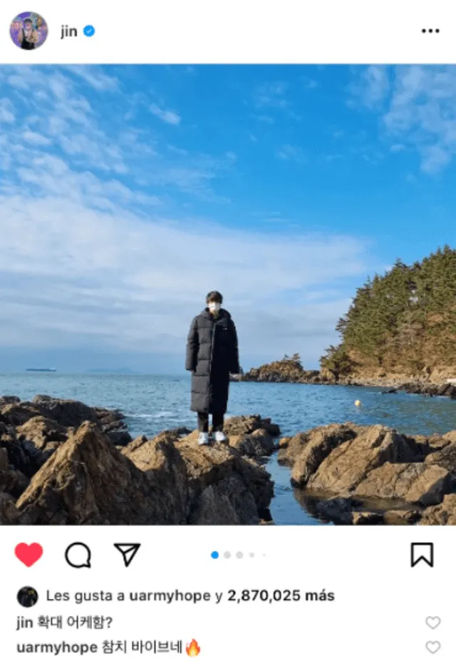 Actualización en Instagram de Jin y comentario de J-Hope. Foto: Instagram @jin