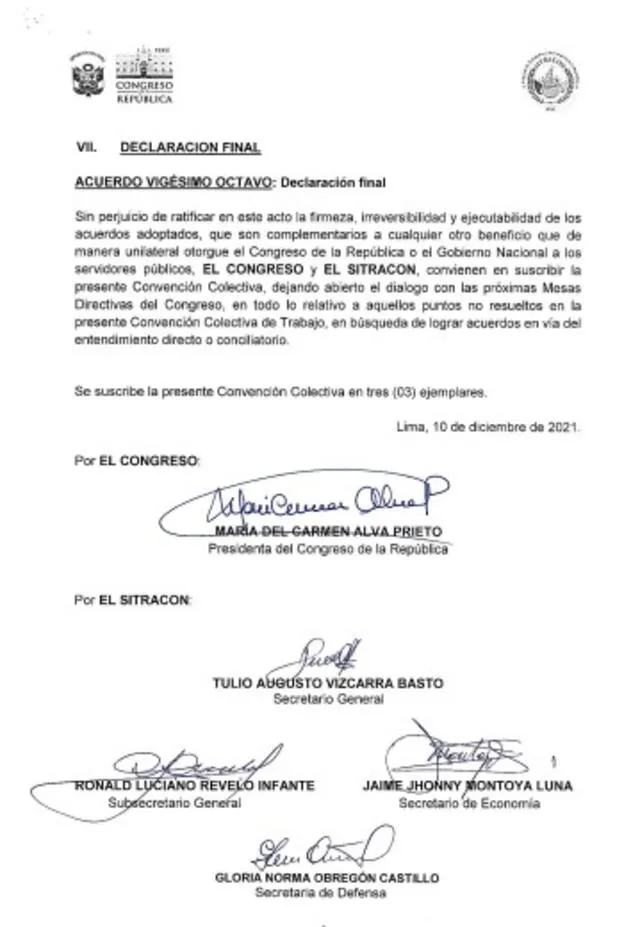  La declaración está firmada por Maricarmen Alva y los representantes de Sitracon. Foto: captura/Sitracon<br> 