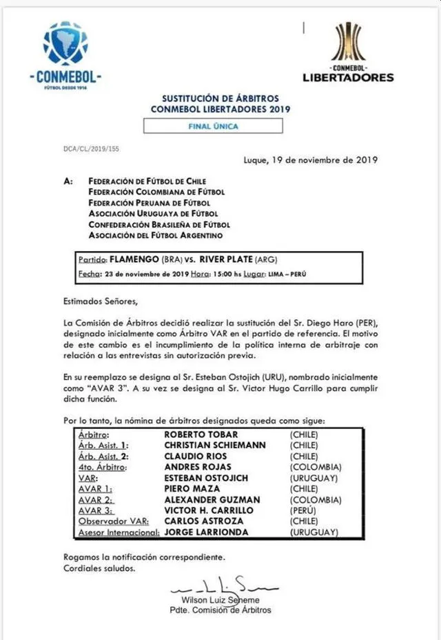Árbitros designados por Conmebol para la final de la Copa Libertadores 2019.
