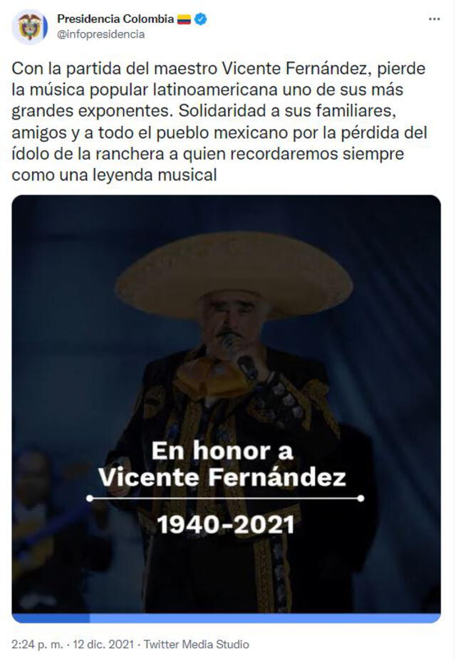 Colombia rinde homenaje a Vicente Fernández. Foto: captura de Twitter