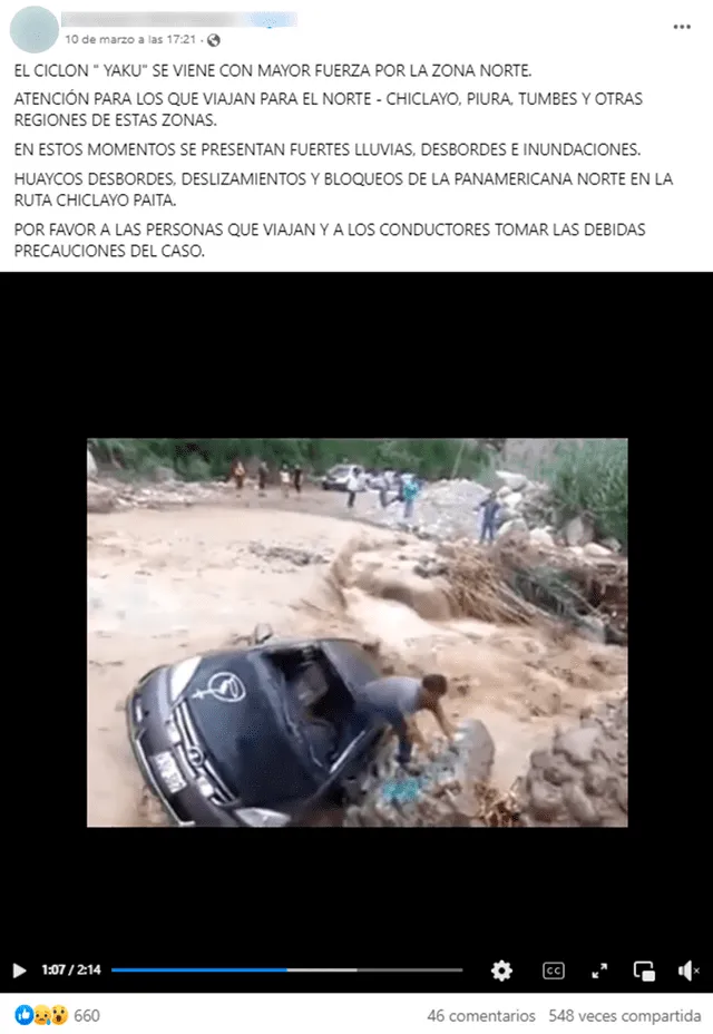  Video de publicación contiene imágenes que no muestran efectos del ciclón Yaku en 2023. Foto: captura en Facebook.    