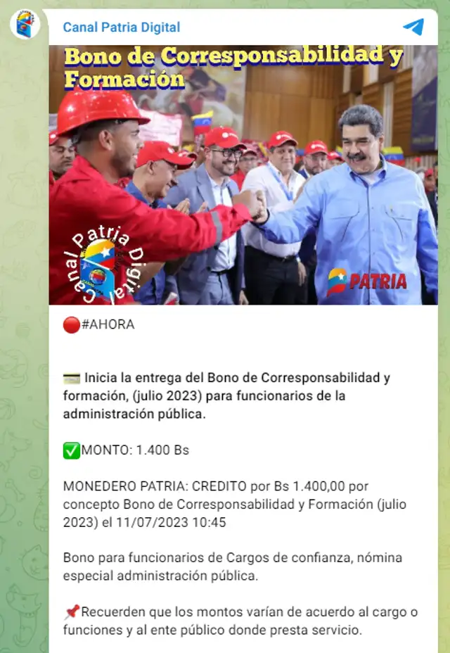El bono de 1.400 bolívares se depositará a través del Monedero Patria. Foto: Canal Patria Digital