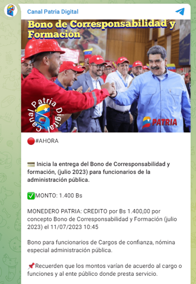 El último primer pago del Bono Corresponsabilidad y Desarrollo se depositó el 11 de julio por nómina. Foto: Canal Patria Digital El último primer pago del Bono Corresponsabilidad y Desarrollo se depositó el 11 de julio por nómina. Foto: Canal Patria Digital