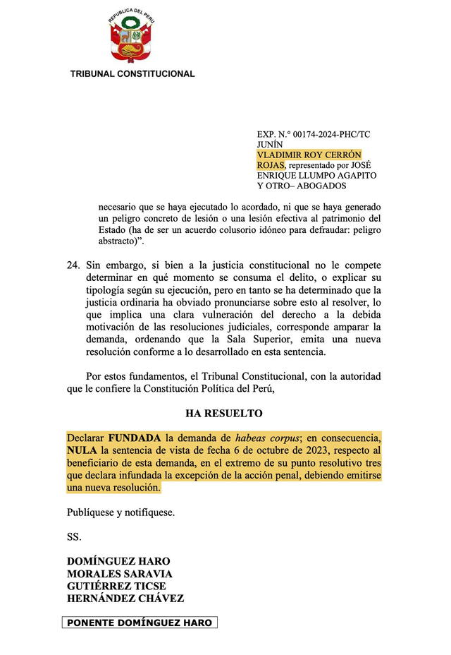  Resolución del Tribunal Constitucional que exime a Vladimir Cerrón de su pena preventiva por el caso Aerodromo Wanka | Fuente: Diego Casimiro-X    