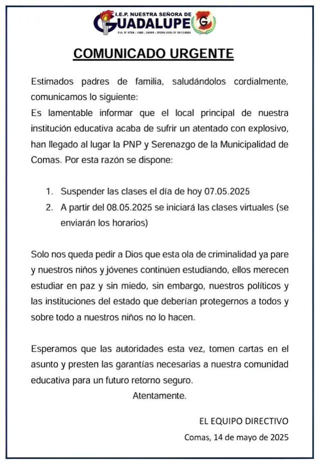 Comunicado de colegio tras ataques extorsivos. Foto: Difusión   