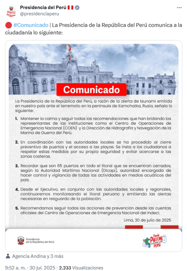  Tras doce horas de alerta por tsunami, Presidencia del Perú se pronuncia mediante su cuenta en X. Foto: captura de pantalla   