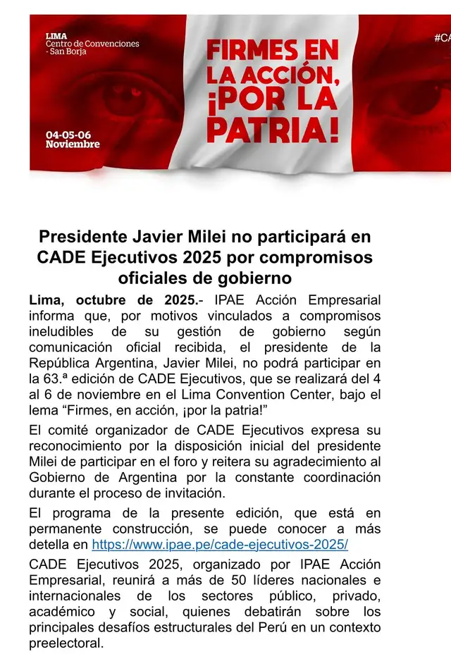 Comunicado de IPAE Acción Empresarial sobre la no participación de Javier Milei en el Cade Ejecutivos 2025. Foto: IPAE