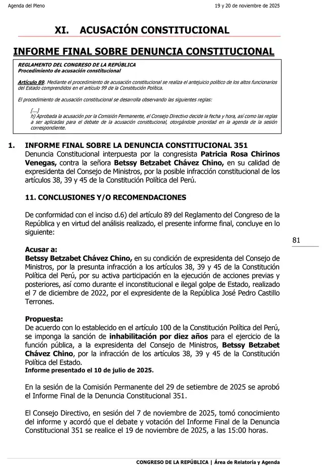 Agenda del Pleno del Congreso. Se programó el debate de la inhabilitación contra Betssy Chávez Agenda del Pleno del Congreso. Se programó el debate de la inhabilitación contra Betssy Chávez