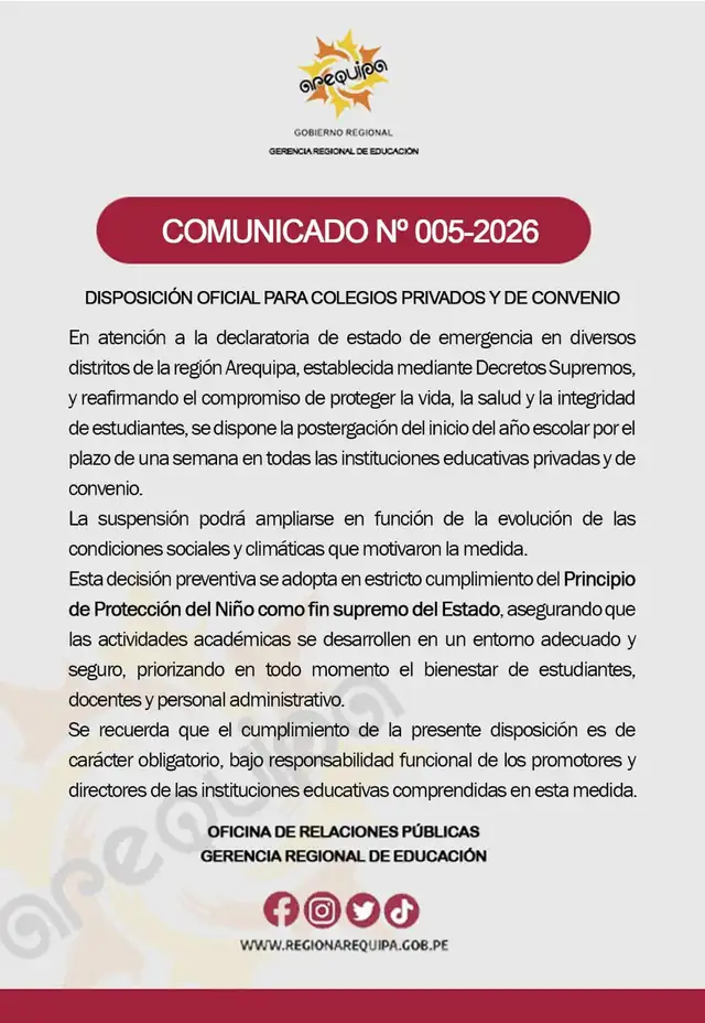 Comunicado oficializa postergación del año escolar en Arequipa. Foto: GRA Comunicado oficializa postergación del año escolar en Arequipa. Foto: GRA