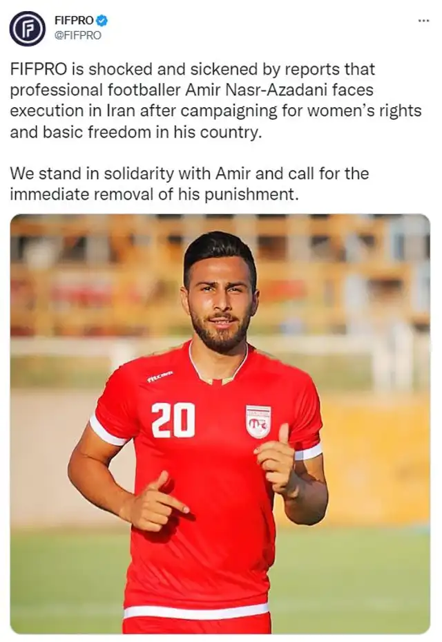 Publicación de FIFPRO sobre el futbolista iraní. Foto: captura Twitter Publicación de FIFPRO sobre el futbolista iraní. Foto: captura Twitter