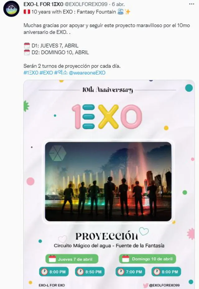 Evento dedicado a EXO en el Parque de las Aguas de Lima. Foto: cortesía @exolforexo