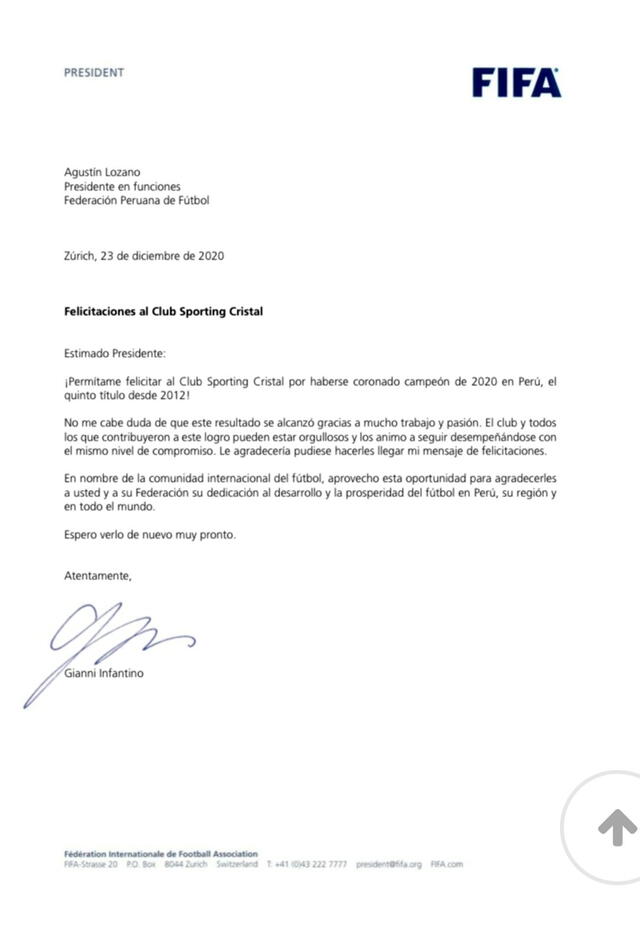 Carta de felicitación de Gianni Infantino. Foto: FIFA