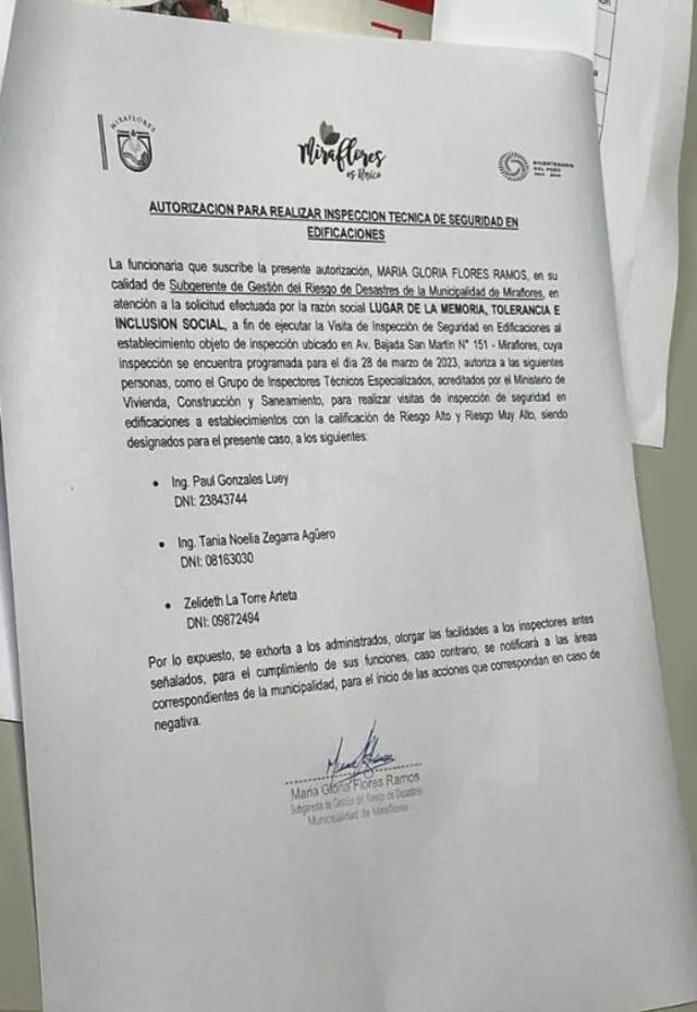 Documento de la Municipalidad de Miraflores. Foto: Difusión   