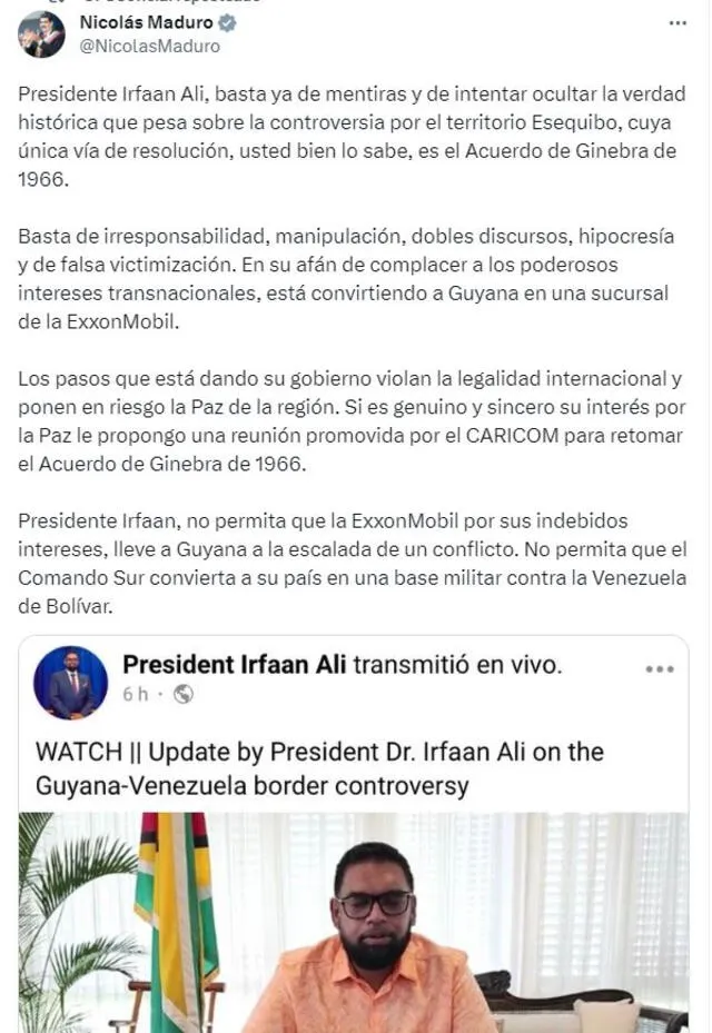  Maduro envía un mensaje al presidente de Guyana, Irfaan Ali, por disputa del territorio Esequibo. Foto: captura de 'X'/@NicolasMaduro   