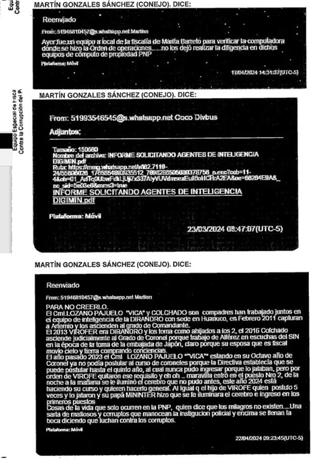 Chats de WhatsApp de "Conejo" coordinando acciones con sus cómplices. Foto: La República   