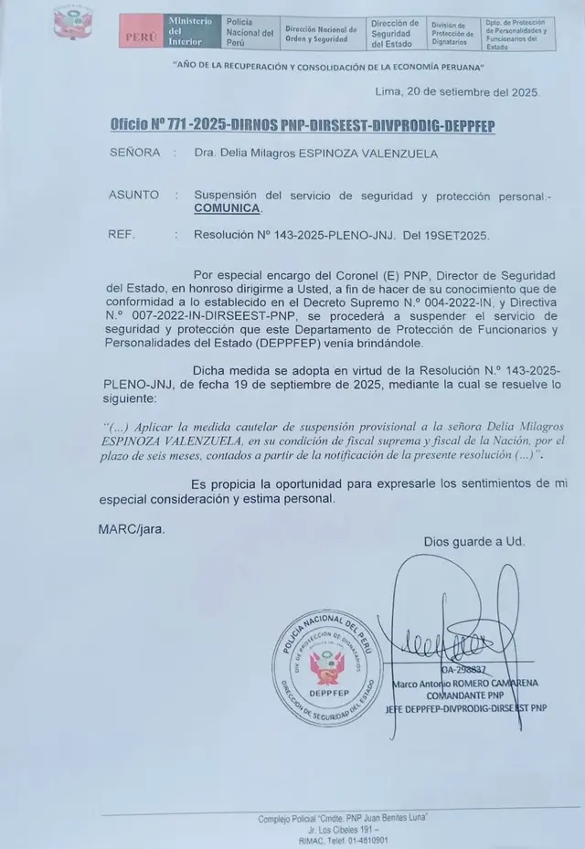 Documento dirigido a Delia Espinoza donde se le comunica el retiro de su seguridad personal. Foto: difusión Documento dirigido a Delia Espinoza donde se le comunica el retiro de su seguridad personal. Foto: difusión