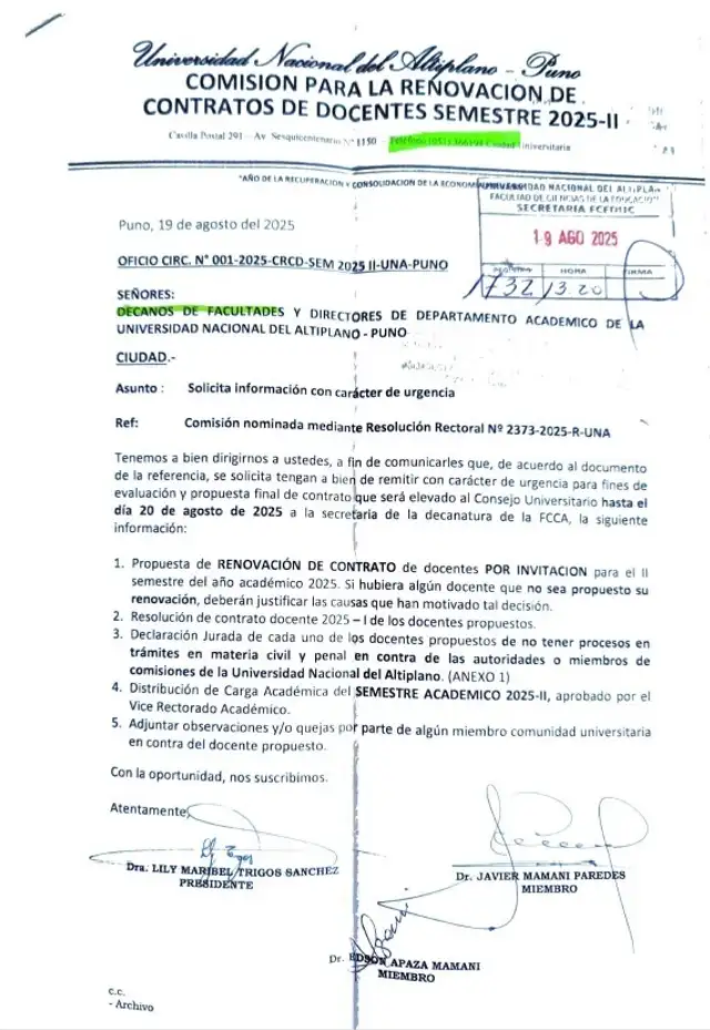 El punto 3 correspondería a la razón por la cual a la docente no le renovaron el contrato. Foto: UNA - Puno.    El punto 3 correspondería a la razón por la cual a la docente no le renovaron el contrato. Foto: UNA - Puno.
