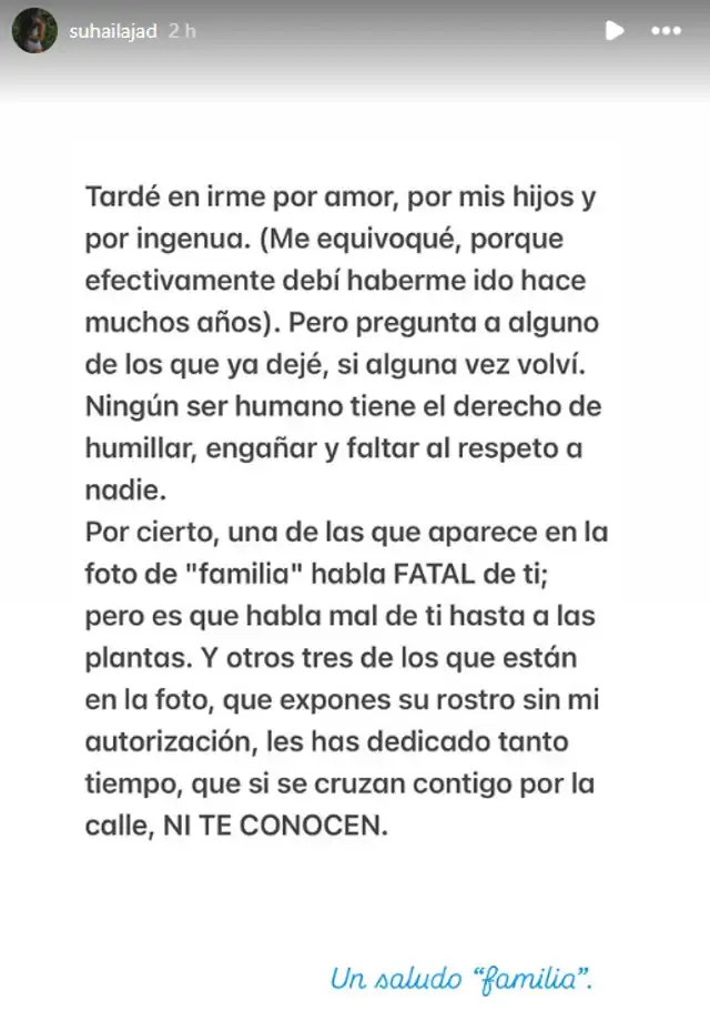 Comunicado de Suhaila Jad, todavía pareja de André Carrillo. Foto: Instagram. Comunicado de Suhaila Jad, todavía pareja de André Carrillo. Foto: Instagram.