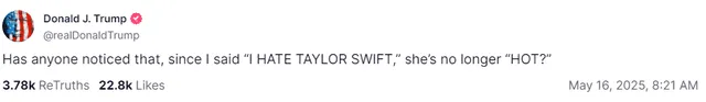 Trump's latest post about Swift's feud. Photo: Truth Social Trump's latest post about Swift's feud. Photo: Truth Social