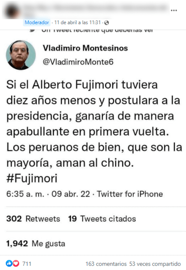 Publicación viral sobre Vladimiro Montesinos y Alberto Fujimori.
