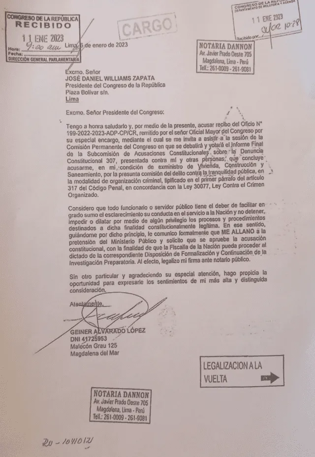Documento de Geiner Alvarado enviado al presidente del Congreso, José Williams. Foto: Difusión
