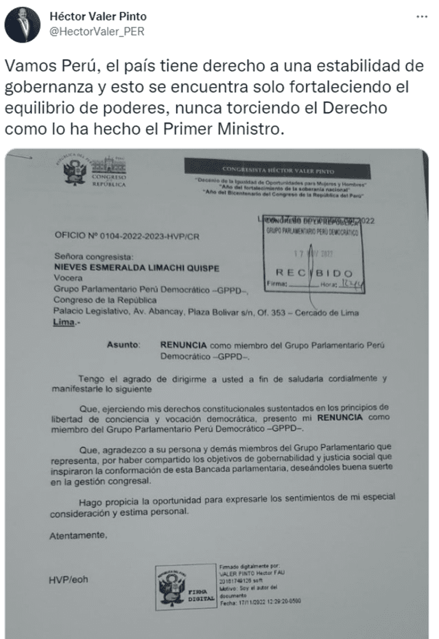 Héctor Valer renuncia a Perú Democrático. Foto: captura de Twitter