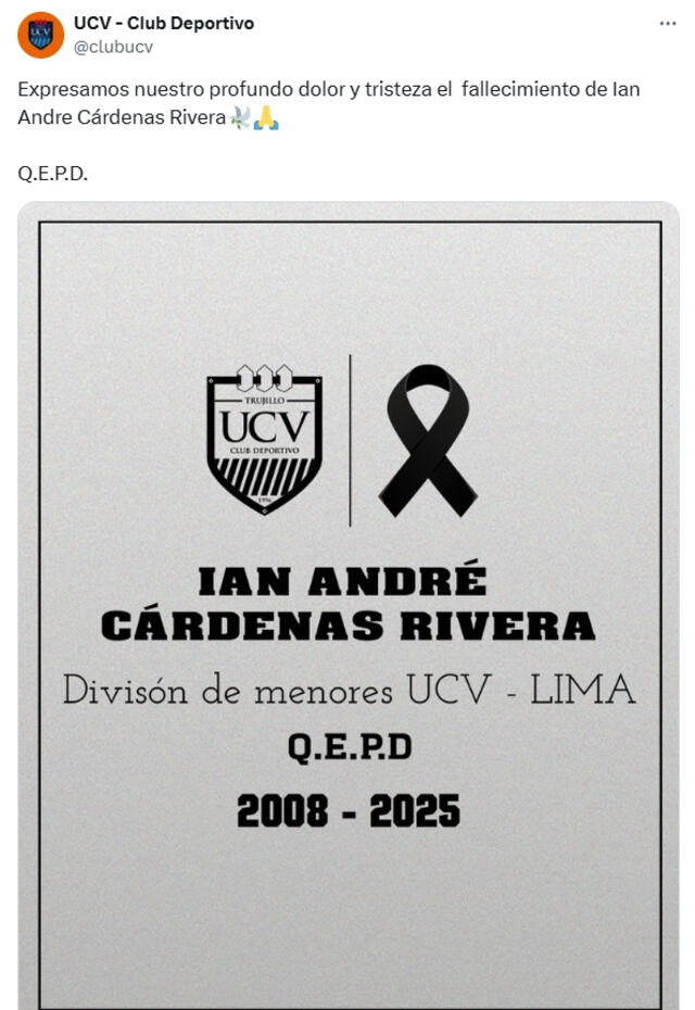 Cárdenas Rivera falleció a los 17 años. Foto: captura de UCV/X Cárdenas Rivera falleció a los 17 años. Foto: captura de UCV/X