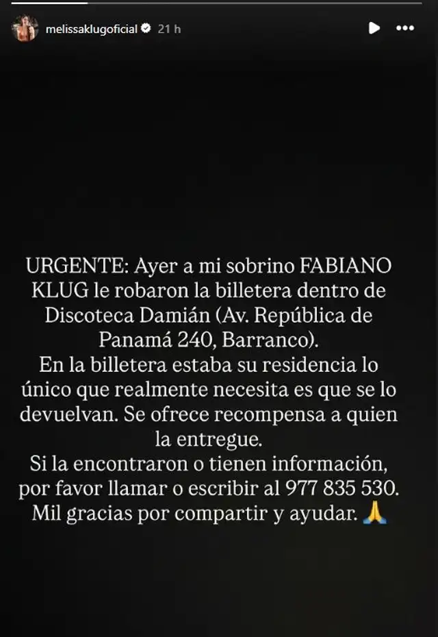 Mensaje de Melissa Klug. Foto: captura Instagram   