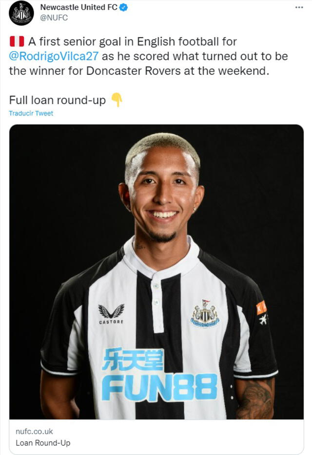 Mensaje de Newcastle United a Rodrigo Vilca. Foto: captura de Twitter