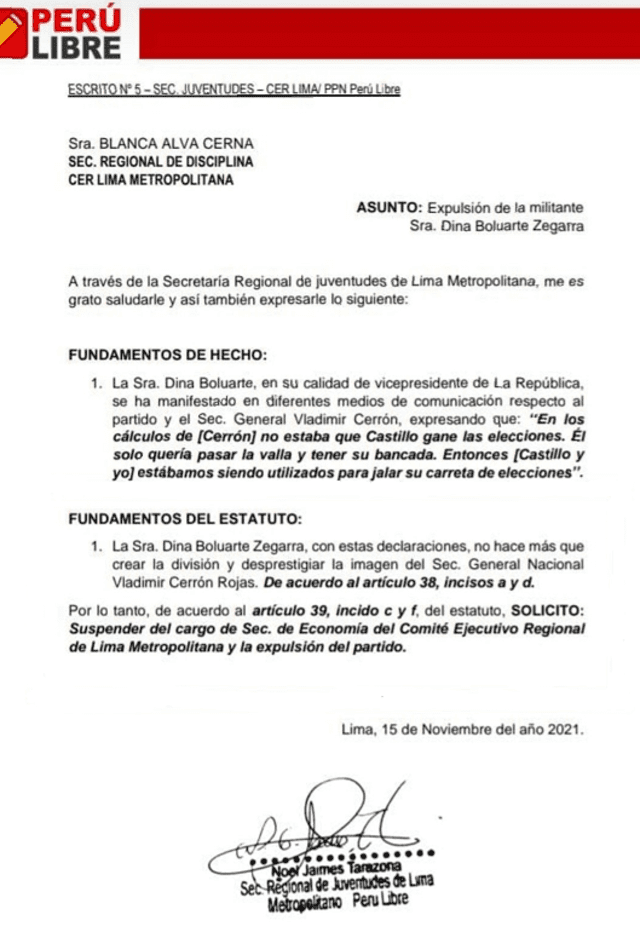 Pedido de expulsión de Boluarte. Foto: Perú Libre