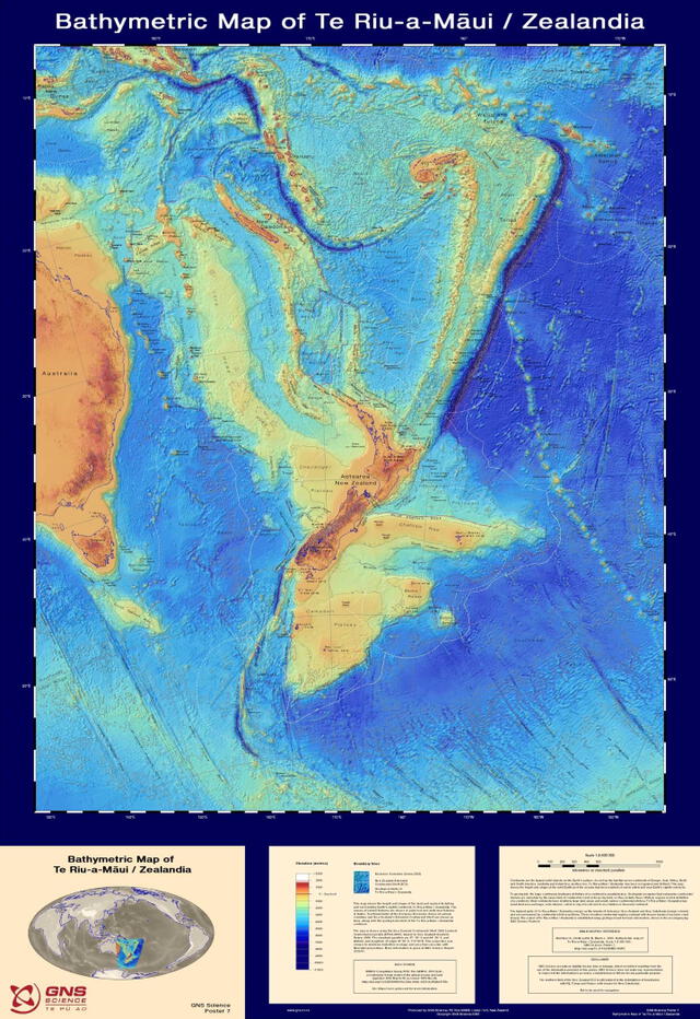 Mapa batimétrico de Zelandia. | Foto: GNS Science