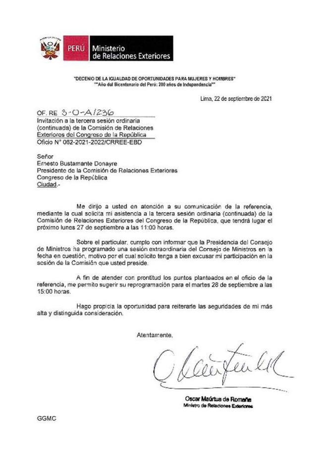 Carta del canciller dirigida al presidente de la Comisión de Relaciones Exteriores. Foto: captura de Twitter