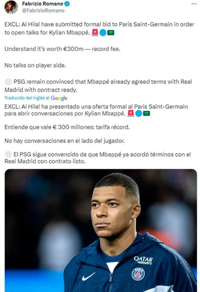  Real Madrid tiene todo acordado con Kylian Mbappé, indica el PSG. Foto: Twitter.   