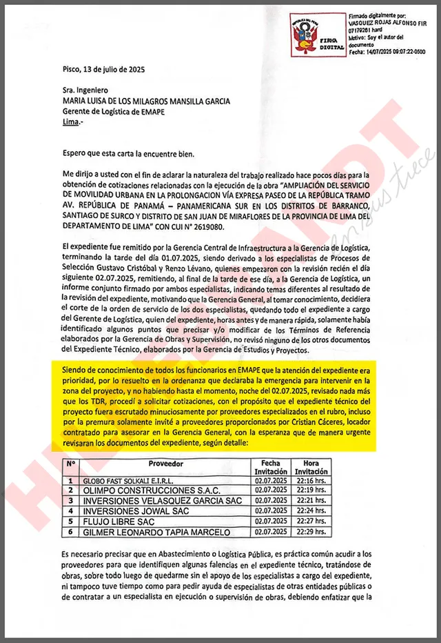 Lista con seis empresas con las que se tenía que cotizar el proyecto de la Vía Expresa Sur. Foto: Hildebrandt en sus trece Lista con seis empresas con las que se tenía que cotizar el proyecto de la Vía Expresa Sur. Foto: Hildebrandt en sus trece