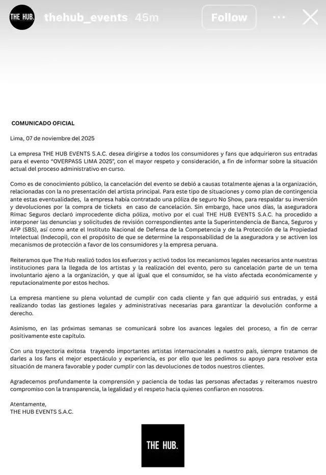 Comunicado emitido por The Hub vía historias de Instagram, el último 7 de noviembre. | Foto: The Hub Comunicado emitido por The Hub vía historias de Instagram, el último 7 de noviembre. | Foto: The Hub