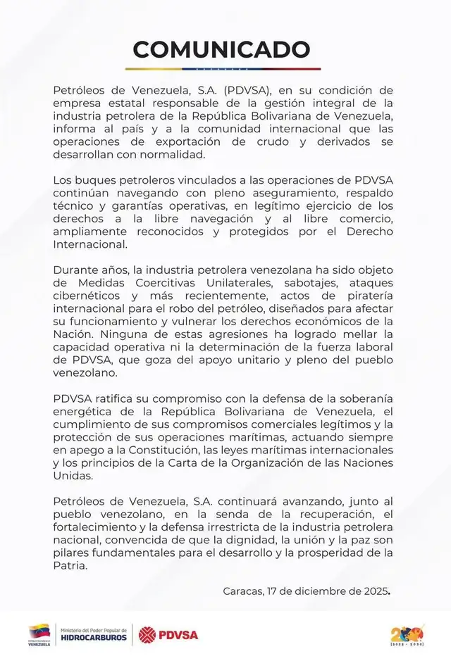  Comunicado oficial de Petróleos de Venezuela S.A, informa la normalidad en operaciones de exportación de crudo y derivados. Foto: TeleSUR TV   