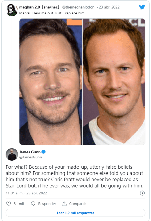 James Gunn defiende a Chris Pratt en Twitter: Foto: Twitter