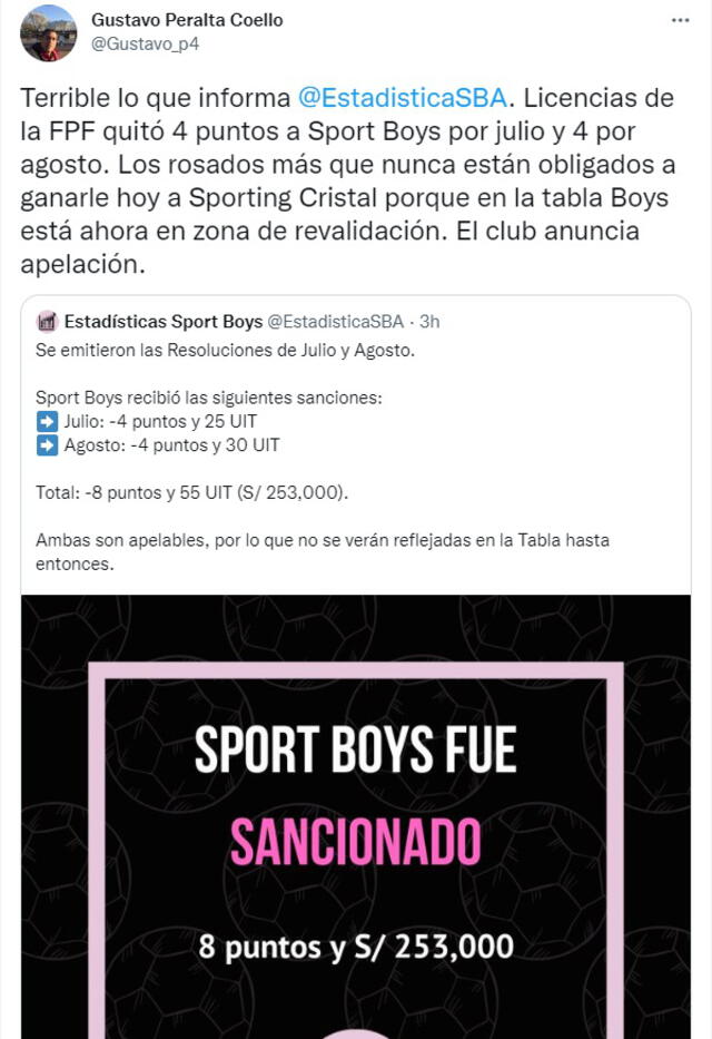Sanciones a Sport Boys. Foto: captura de @Gustavo_p4/Twitter