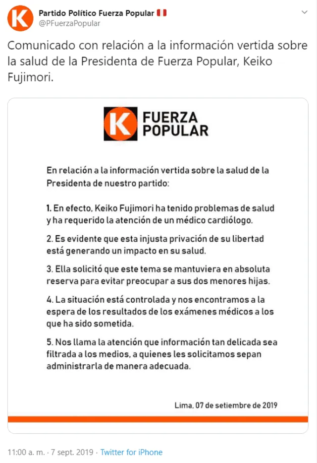 Comunicado de Fuerza Popular.