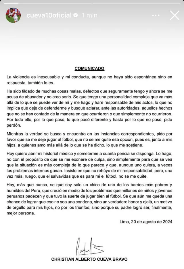 Publicación de Christian Cueva sobre la denuncia de Pamela López. Foto: captura de Instagram   