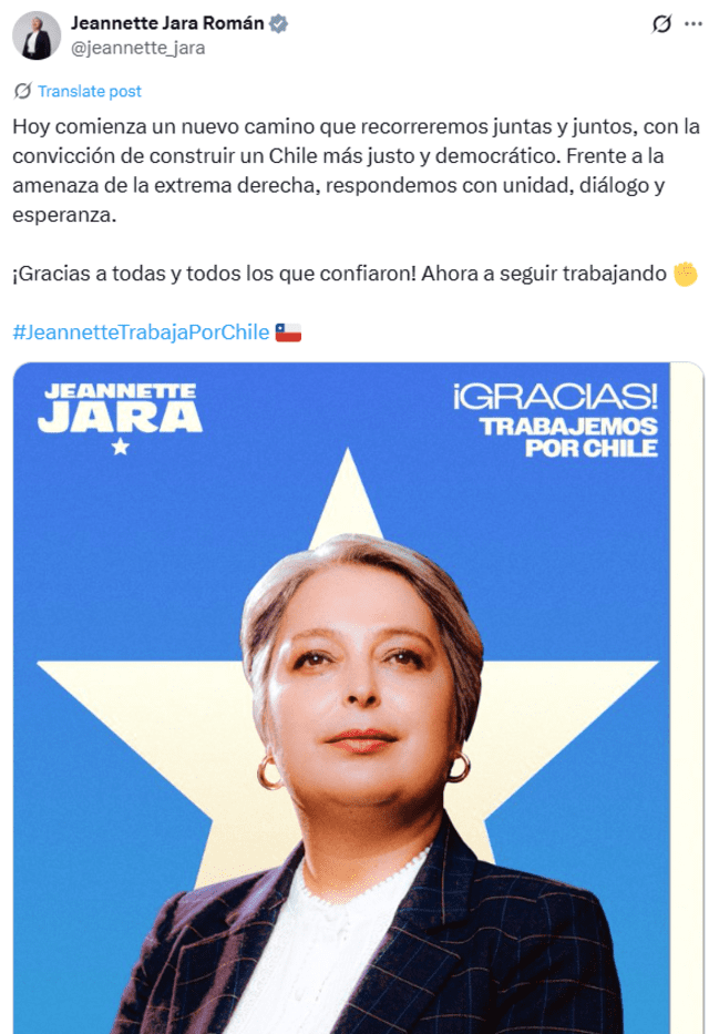 Jeannette Jara gana las primarias, previo a elecciones presidenciales en Chile. Foto: Jeannette Jara/X Jeannette Jara gana las primarias, previo a elecciones presidenciales en Chile. Foto: Jeannette Jara/X