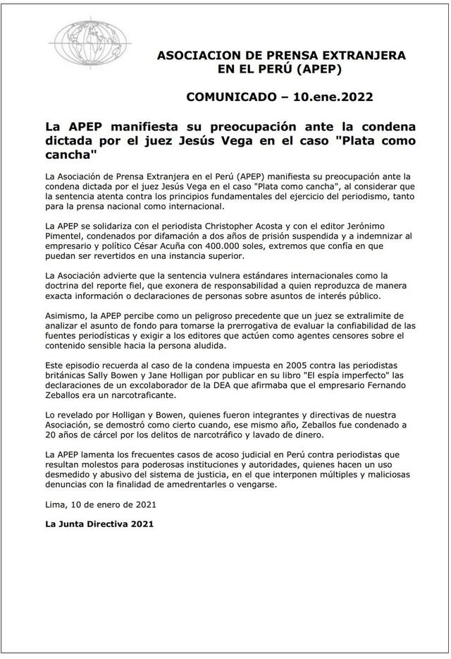 APEP mostró su indignación por condena en contra de Christopher Acosta. Foto: Comunicado oficial.