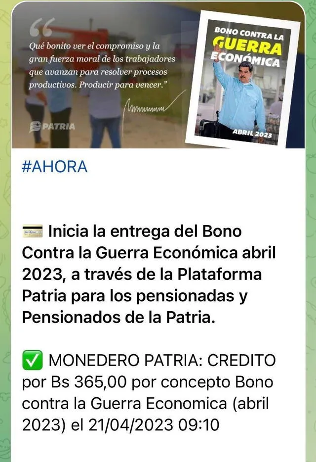  El viernes 21 de abril inició el pago del Bono de Guerra Económica para los pensionados. Foto: Telegram/Canal Patria Digital   