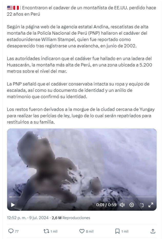 <em> Desinformación sobre el montañista de EE.UU. recientemente hallado en el Huascarán. Foto: captura de X</em>   