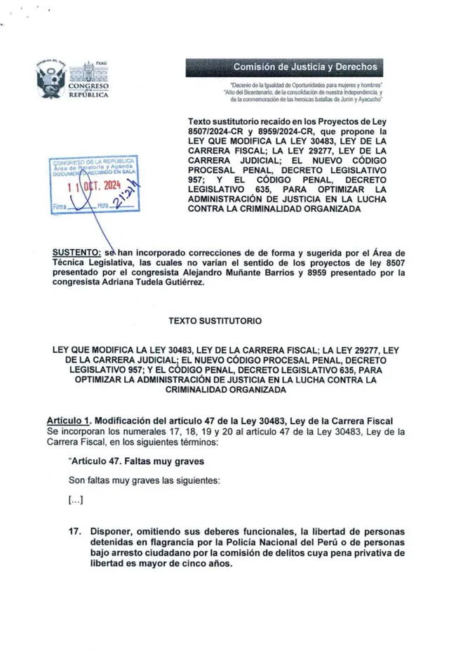 Proyecto de Ley 8507, que busca sancionar a jueces y fiscales que dejen en libertad a detenidos en flagrancia.   