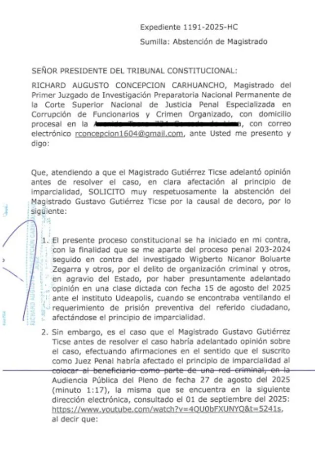  Solicitud de Concepción Carhuancho para retirar a Gutiérrez Ticse de la demanda en su contra en el TC | Foto: LR. 