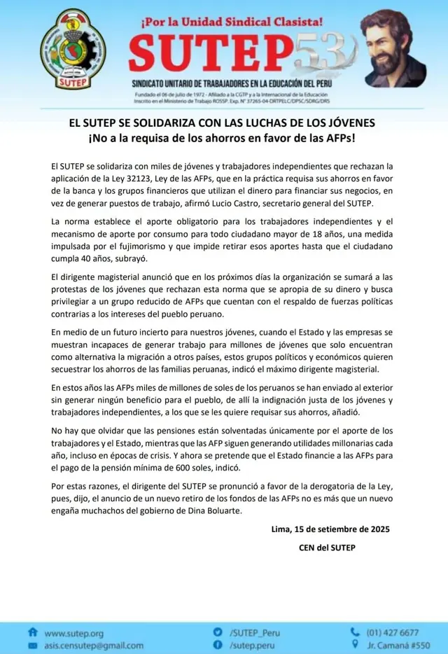 Comunicado de la Sutep.   